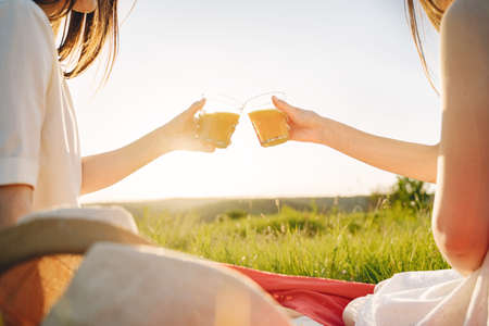 Portrait of two sisters in white dresses with long hair in a fieldの写真素材