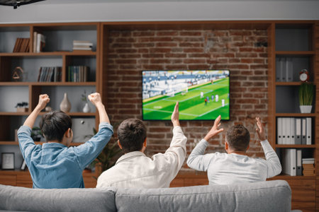 Back view of men watching a football game on tv and sitting on a sofa