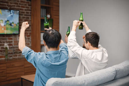 Back view of men watching a football game on tv and drinking a beerの写真素材