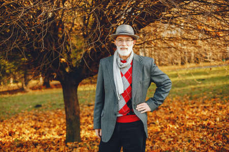 Elegant old man in a sunny autumn parkの写真素材