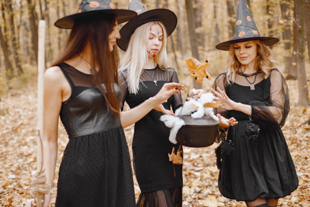Three witches walking in forest on Halloweenの写真素材