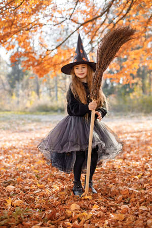 Little girl in witch costume on Halloween in autumn forestの写真素材