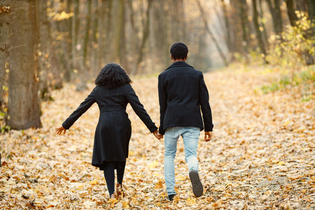 Loving black couple walking in park and enjoying autumn dayの写真素材