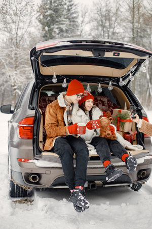 Teen brother and sister sitting in open cars trunk at winter parkの写真素材
