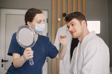 Man in cosmetologist cabinet is going to recieve a skincare procedure