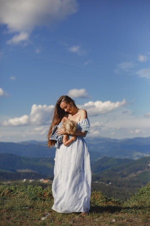 Mother and daughter and mountain viewsの写真素材