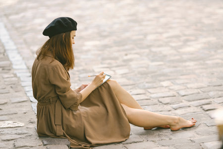 Girl in dress and black hat painting a sketch while sitting on a streetの写真素材