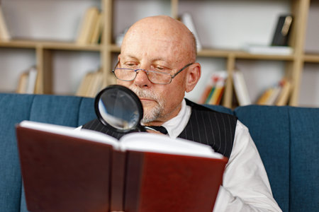 Mature man reading a book with magnifying glass on the sofa in living roomの写真素材