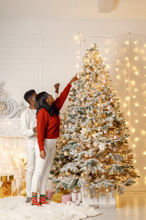 Portrait of happy black couple decorating Christmas treeの写真素材