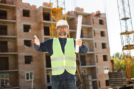 Architect with papers at a construction site giving an order to workers