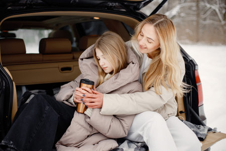 Blonde mother and teen daughter sitting in open cars trunk in winter forest