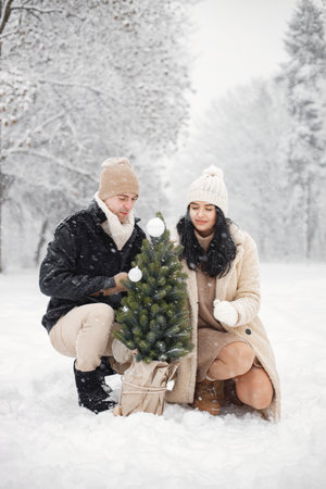 Romantic couple walking in forest at winter dayの写真素材
