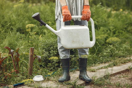 Women pours flowers in the garden with watering can
