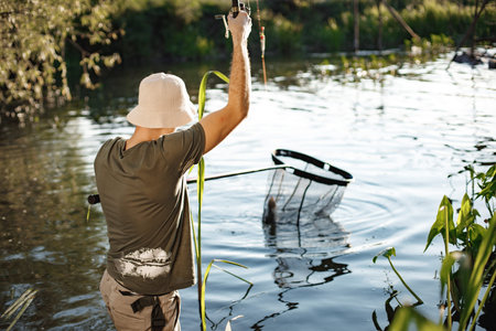Young fisherman with fishing rod and a net near the lake at summerの写真素材