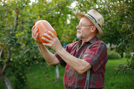 Farmer with a jar of apple juice standing in modern orchardの写真素材