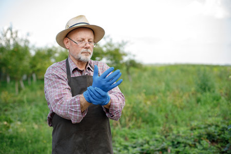 Farmer wearing blue gloves while standing in modern orchardの写真素材