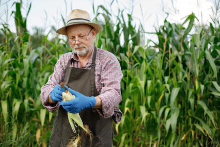Farmer with corncob in hands standing in a field