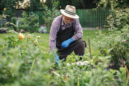 Farmer working in rose garden on his backyard in summerの写真素材