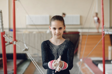 Midsection of a female gymnast applying white powder to hands