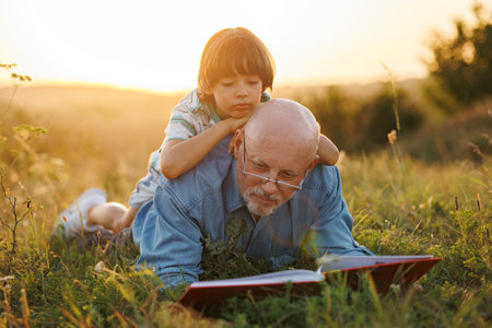 Little boy with his grandfather in a field at summerの写真素材
