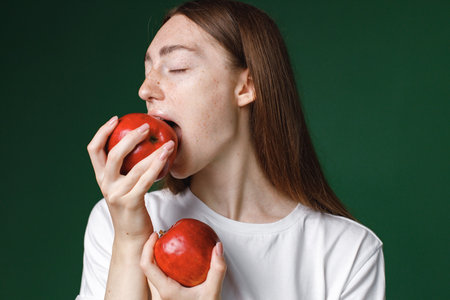 Studio portrait of a girl holding two red apples isolated on green backgroundの写真素材