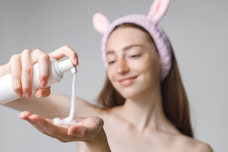 Studio portrait of a woman applying cream on her faceの写真素材