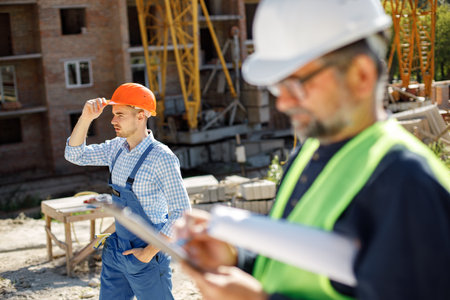 Two men engineers at a construction site doing their jobの写真素材