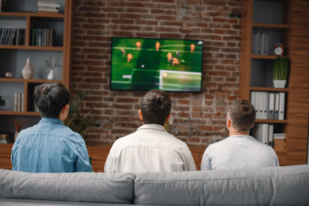 Back view of men watching a football game on tv and sitting on a sofaの写真素材