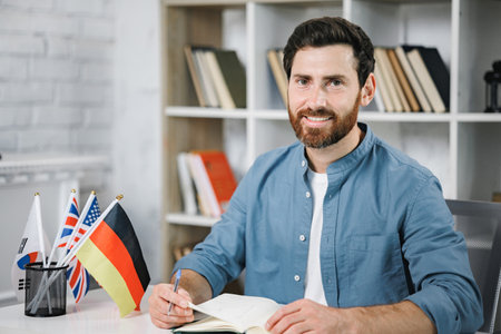 Bearded male tutor sitting at table with different flags and looking at cameraの写真素材