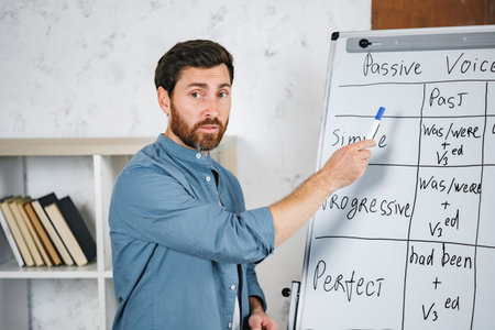 Bearded male tutor standing next to whiteboard and explaining language rulesの写真素材