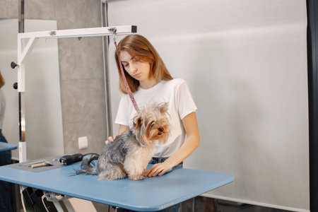 Yorkshire terrier getting procedure by the female groomerの写真素材