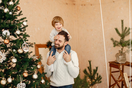 Portrait of father and son decorating Christmas tree at homeの写真素材