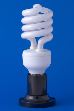 Spiral energy saving bulb on the blue background