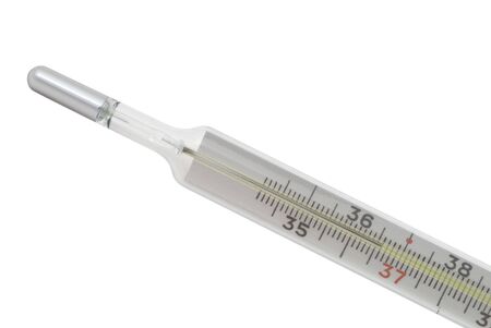 Macro of medical centigrade thermometer isolated on white background. 36.6 C on scaleの写真素材
