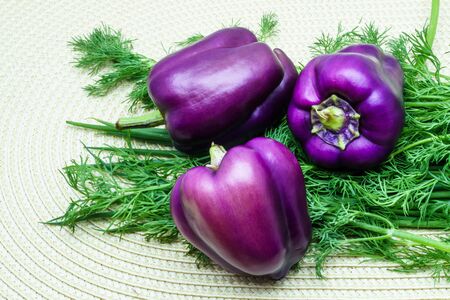Peppers and dill on a napkinの写真素材