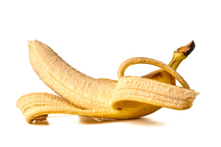 Half peeled Banana, Open Banana isolated on a white background.の写真素材