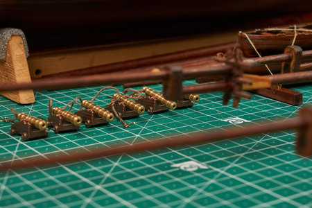 Ship model building in progress. Assembly of ship model from wood.