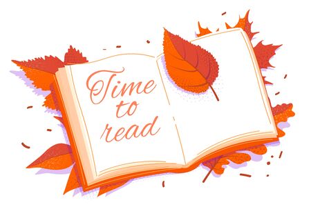 Leaflet Bookmark. Autumn Copy space concept with book and leaves. Time to read isolated vector illustration.のイラスト素材