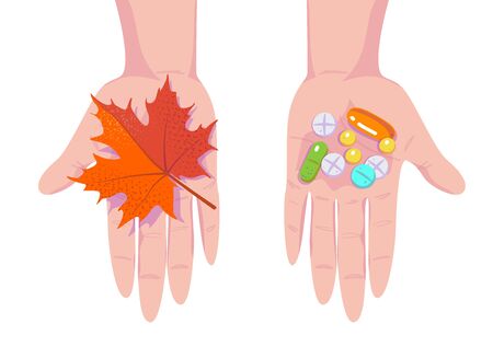 Pills, tablets and red maple leaf on hands. Seasonal depression and Antidepressants. Autumn cold and flu. Season affective desorder. Flat vector illustration on white isolated background.のイラスト素材