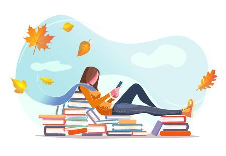 Girl reading, sitting on stacks of books in fall leaves background. Concept design. Beautiful autumn nature with Flat young woman. Modern card for web design with isolated white backgroundのイラスト素材