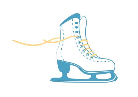 ice skates with bright laces. White classic figure skate in line style. Sport equipment logo. Side view. Vector Illustration isolated on white background.のイラスト素材