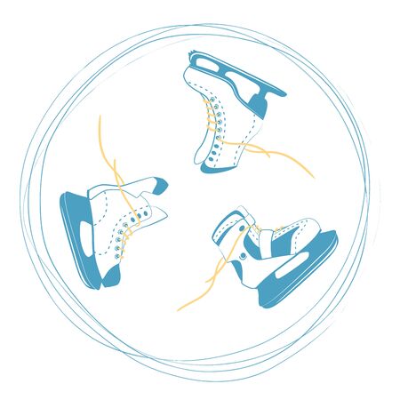 set of ice skates with bright laces in a rut circle. Ice rink symbol. Sport equipment logo in scratched lines. Vector Illustration isolated on white backのイラスト素材