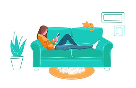 Girl reading book on sofa in flat style. Reading, education, studying at home concept. Leisure illustration. Young woman student character. Cozy room. Vector Isolated on white background.のイラスト素材