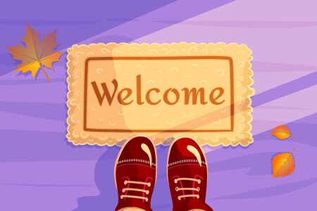 Welcome doormat with Yellow leaves and red shoes. Hello Autumn season background. Horizontal concept of Greeting card and invitation banner. Color flat visit illustration. Guest design vector poster.のイラスト素材