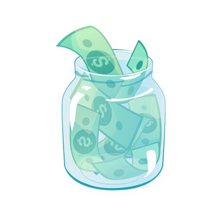Glass jar with dollars. Financial investment concept. Save money in bank, banking security design. Cash savings in bottle. Charity, donation vector illustration template isolated on white background.のイラスト素材