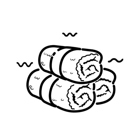 Three rolled hot towels isolated on white background. Spa, wellness element for design. Bathroom Vector line pictogram. Salon Massage template. Folded cotton towel set. Icon of sauna, resort.のイラスト素材
