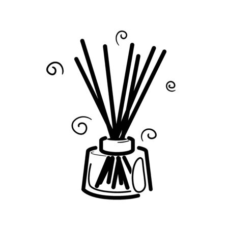 Wooden aroma sticks in glass jar. Liquid perfume oil. Essential air fragrance sticks aromatherapy. Alternative medicine. Spa and beauty Cartoon line vector pictogram isolated on white background.のイラスト素材