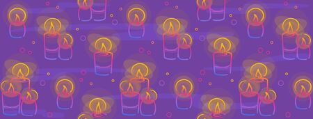 Candles horizontal cover in color line on purple background. Hanukkah symbol in Decorative vector. Social media design texture. Party backdrop. Happy holiday celebration Doodle for festive wallpaper.のイラスト素材
