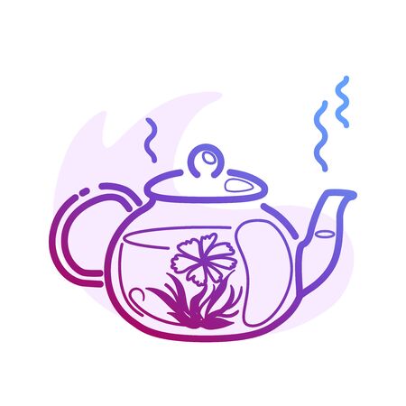Line Hot blooming tea in a glass teapot isolated color line icon with flat spot for round highlights stories. Front view of japanese flowering drink ceremony. Relaxation concept. Nature healthy symbolのイラスト素材