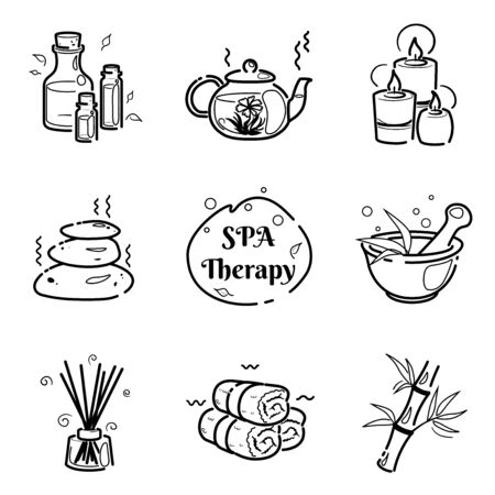 Spa therapy line icons set on white background for wellness salon. Relax massage vector drawing. Body health nature concept. Beauty skincare design elements. Herbal organic collection.のイラスト素材
